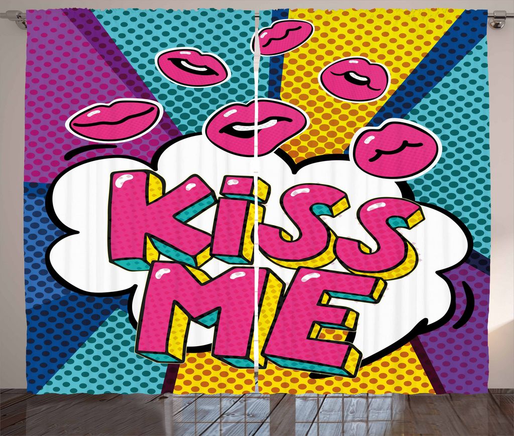 ABAKUHAUS Kuss Rustikaler Vorhang, Wort Bubble Pop Art Stil, Wohnzimmer Universalband Gardinen mit Schlaufen und Haken, 280 x 225 cm, Mehrfarbig