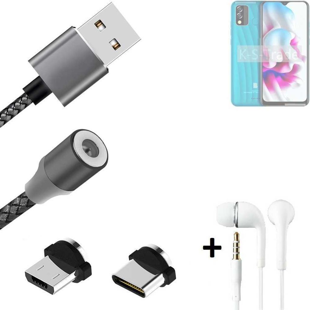 K-S-Trade Hochwertiges Magnet-Lade-kabel Sync-Kabel Daten-Kabel + Kopfhörer für BLU C7x mit USB-Typ-C-Anschluss und Micro-USB-Anschluss 2A bis zu