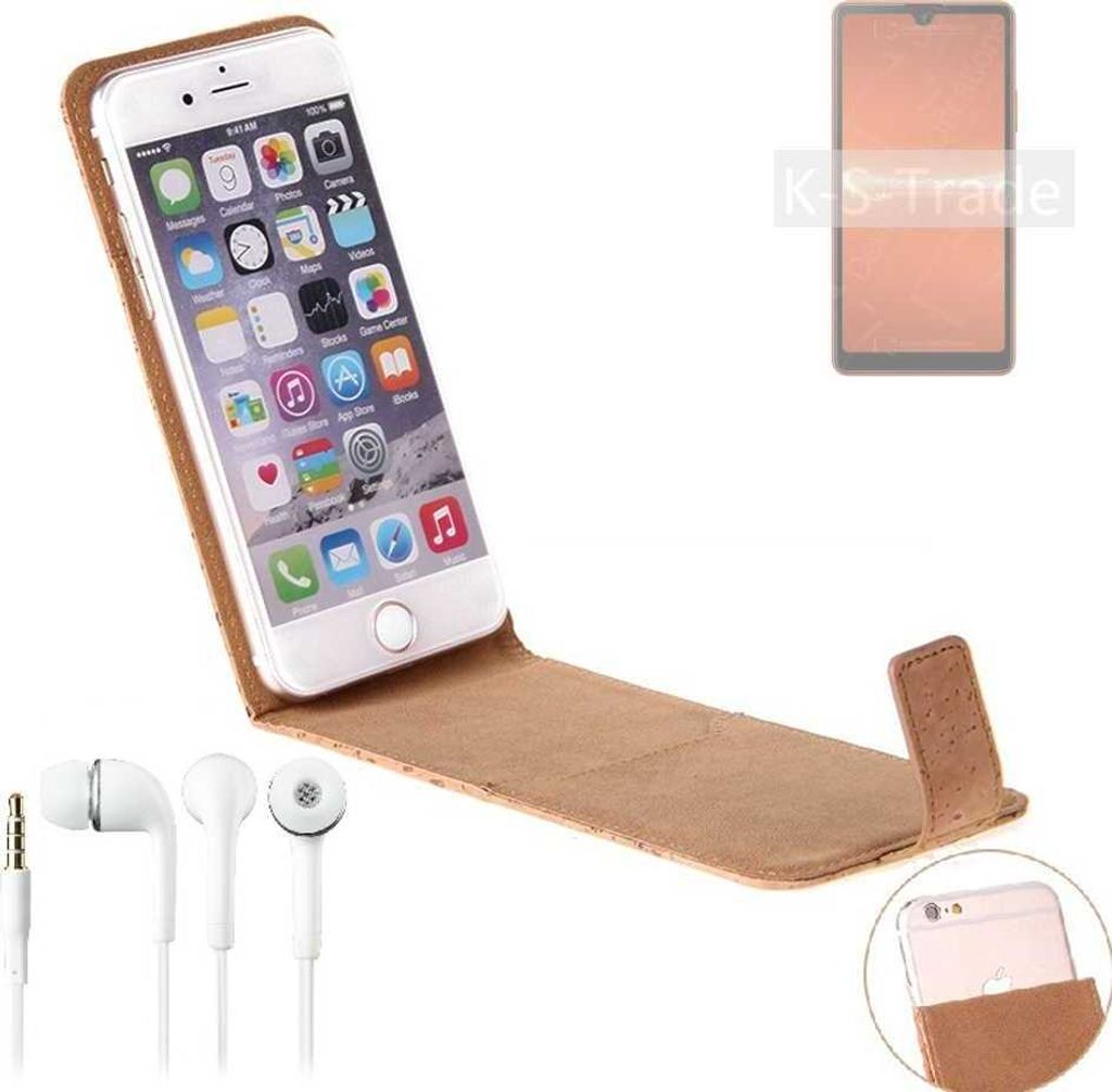 K-S-Trade Schutzhülle mit Kopfhörer kompatibel mit Sony Xperia Ace III Handyhülle Cover Kork Tasche Flipstyle Case