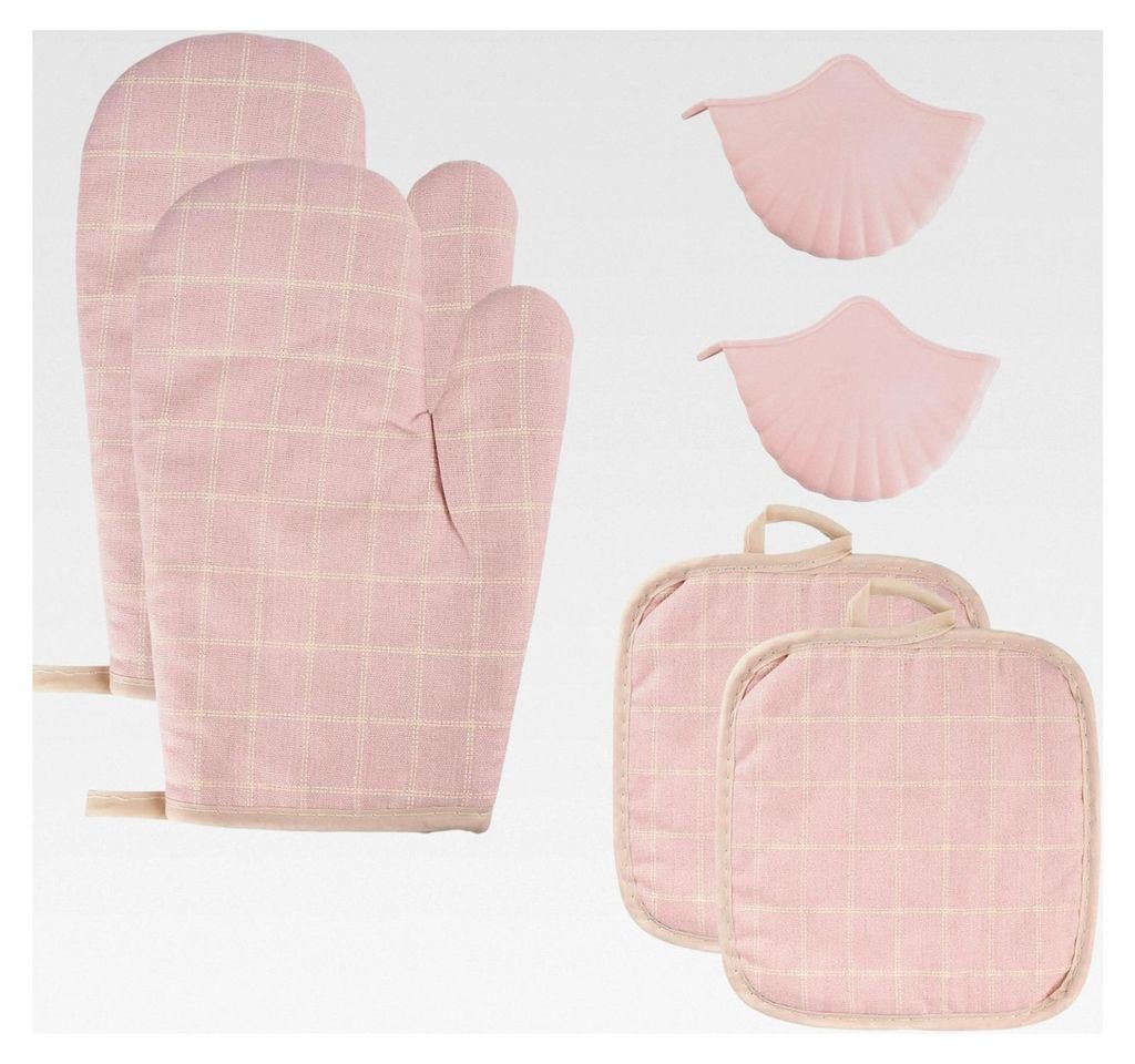 Ofenhandschuhe und Topflappen Set, 2x hitzebeständige Backhandschuhe, 2x Muschelhandschuhe, 2x Untersetzer, für Küche, Backofen, Mikrowelle (Pink)