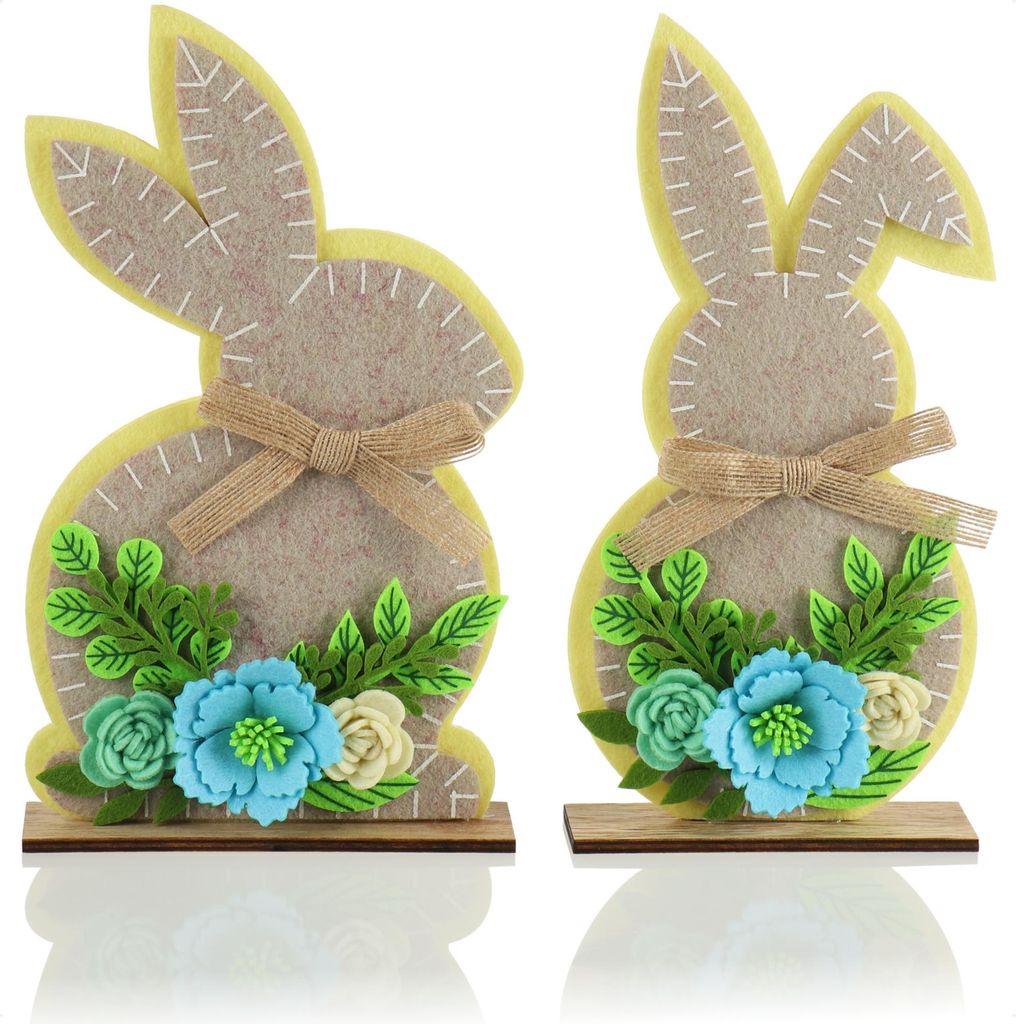 com-four 2x Deko-Aufsteller Osterhase mit Blumen - Osterdeko zum Hinstellen - Osterdekoration aus Filz mit Holzfuß
