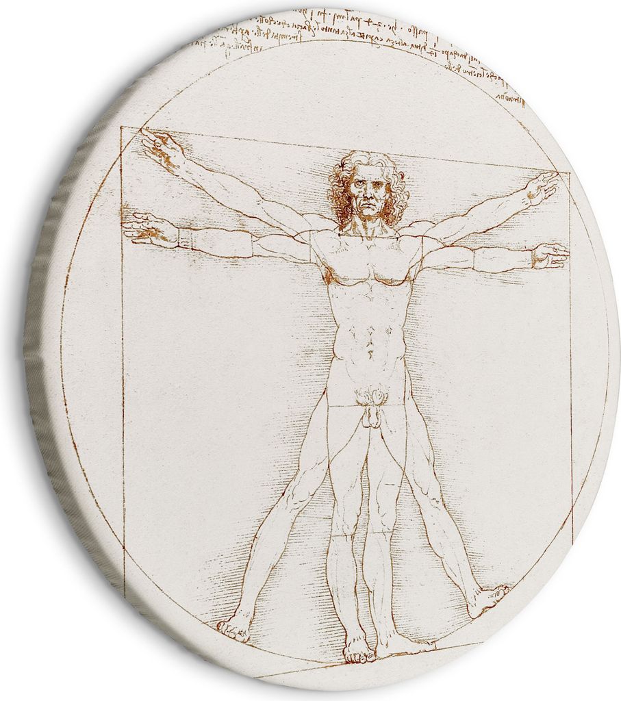 Italienischer Leinwand Rundes Bild - Vitruvian Man by Leonardo Da Vinci - A Drawing of the Proportions of a Man’s Body 40x40 cm Reproduktionen l-...
