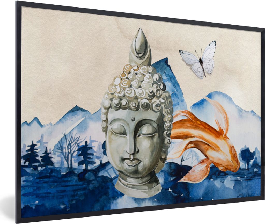MuchoWow MuchoWow Gerahmtes Poster Buddha - Kopf - Berg 30x20 cm - Poster mit zchwarzem Bilderrahmen - Kunstdruck - Bild-Poster