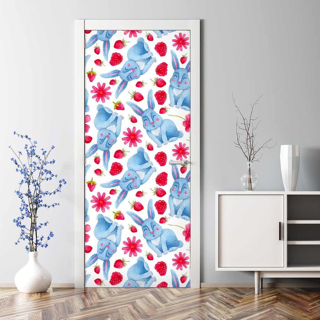 Dekorative Türfolie selbstklebend Klebefolie Aufkleber Abnehmbarer Kaninchen und Obst 85 x 200 cm