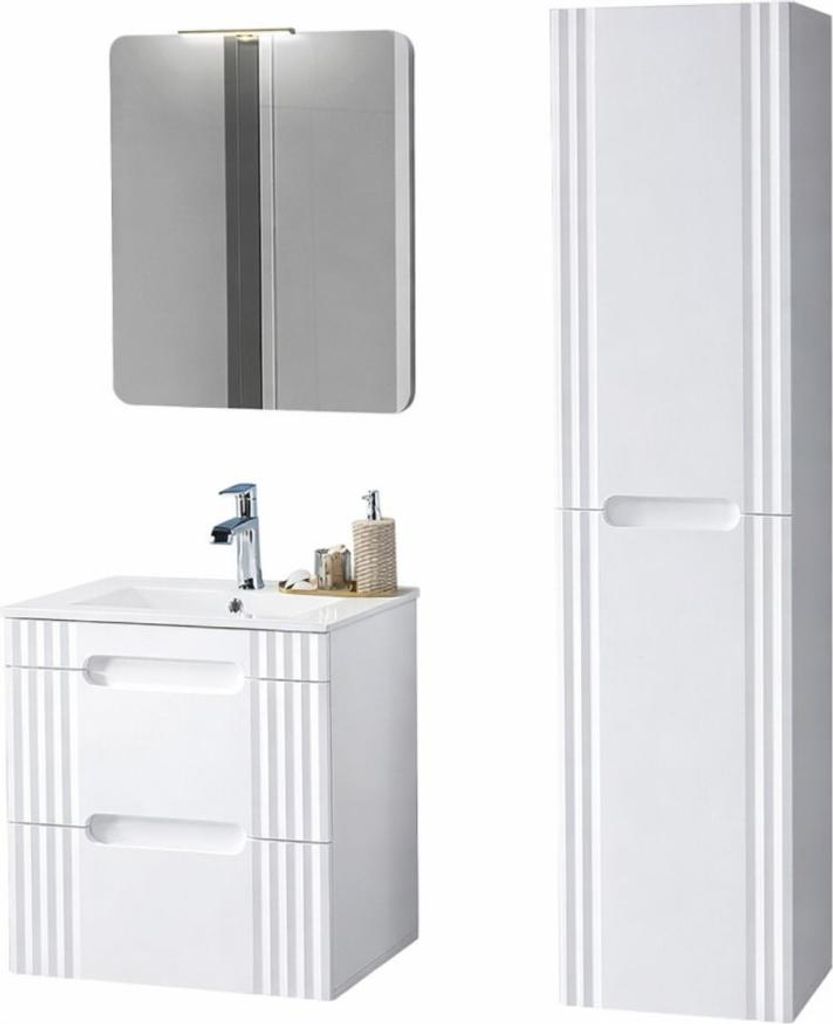 Set FIDJI: Waschbeckenunterschrank 60cm + Einbauwaschbecken weiß + Siphon + Spiegel + LED + Hochschrank