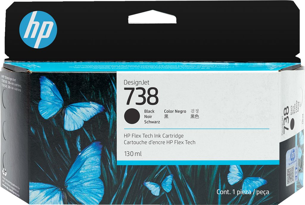 The image shows the packaging of an HP DesignJet 738 black ink cartridge.