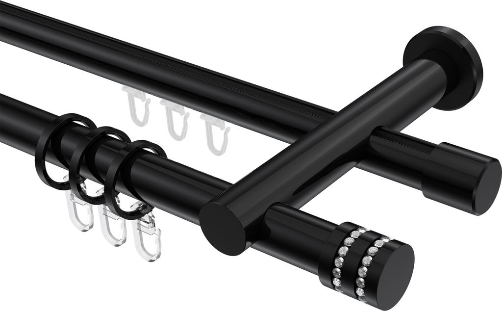 Interdeco Rundrohr-Innenlaufstange / Gardinenstange (Kombination) Schwarz, Typ Platon Estana (Glitzerkappe), 20 mm Ø 2-läufig, 480 cm