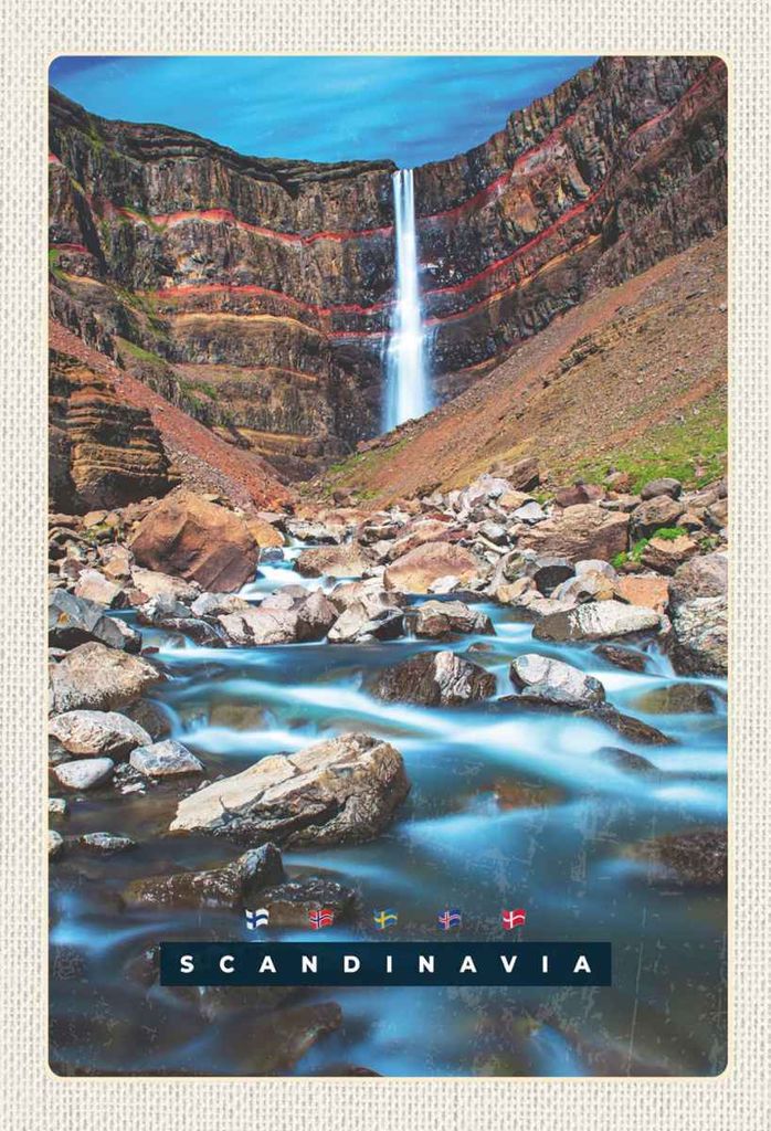 vianmo Holzschild 30x20 cm Skandinawien Fluss Steine Wasserfall Bildmotiv Reisemotiv Abenteuer Reisen