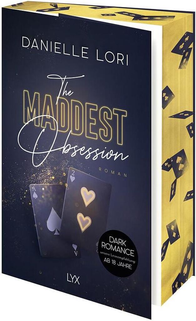 A book cover with a dark blue background and gold accents, featuring playing cards and text. The spine of the book is visible and also has a gold pattern.
