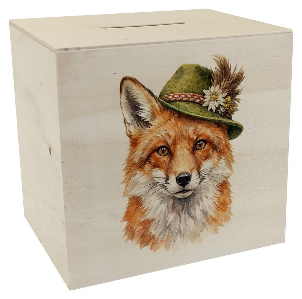 Fuchs mit alpenländischem Trachtenhut Spardose aus Holz