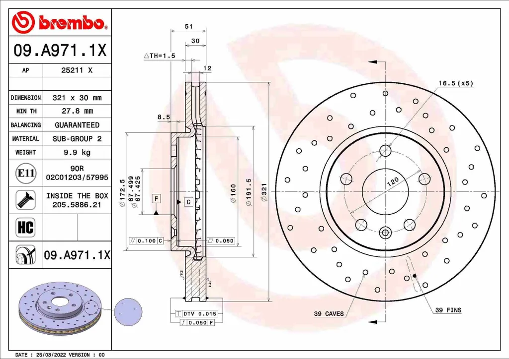 Brembo 09.A971.1X Disque de Frein Xtra pour Insignia A et Malibu V300