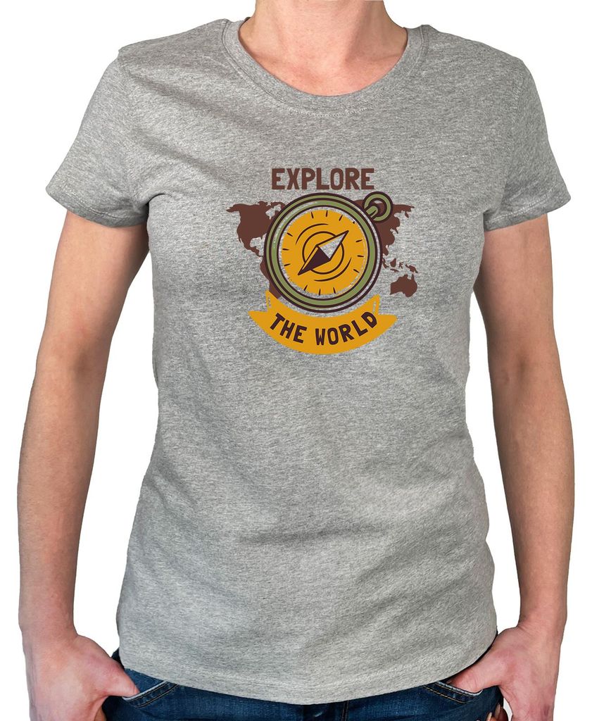 Huuraa Damen T-Shirt Explore the world Kompass M Sport Grey Bio Baumwolle Fairtrade Damenshirt Geschenkidee