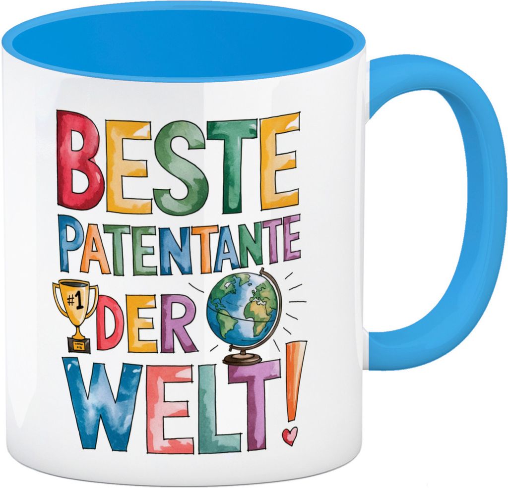 Beste Patentante der Welt Kaffeebecher in hellblau goldener Pokal Globus