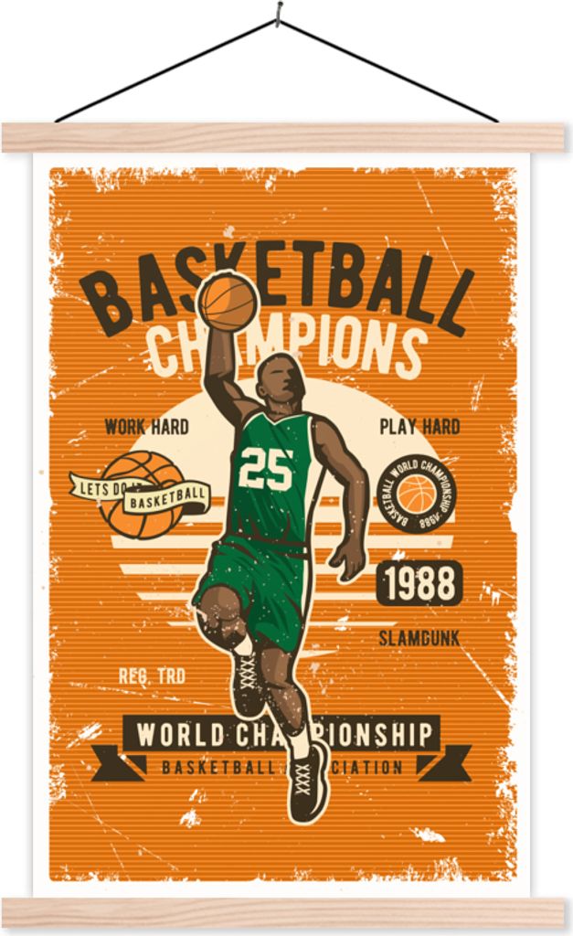 MuchoWow Textilposter Mancave - Basketball - Sport - Retro 120x180 cm mit holzfarbenen Rahmen - Textil-Plakat