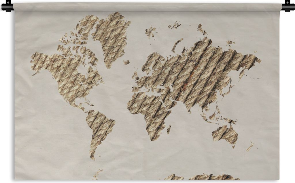 MuchoWow Wandteppich Wandbehang Weltkarte - Seil - Braun 150x100 cm Tapisserie Dekoration Wandtuch - Waschbar - Tapisserien - Wand-Decke