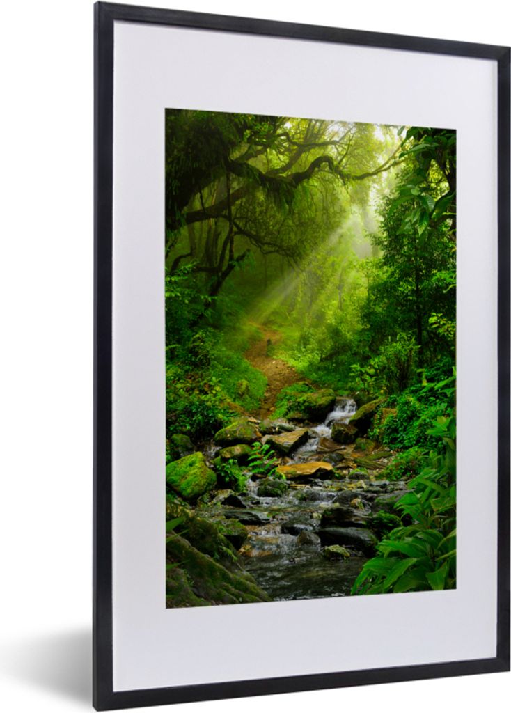 MuchoWow Gerahmtes Poster Dschungel - Wasser - Laub - Sonne - Natur 40x60 cm - Poster mit Schwarzem Bilderrahmen Wandposter Rahmen Foto Bilder - ...