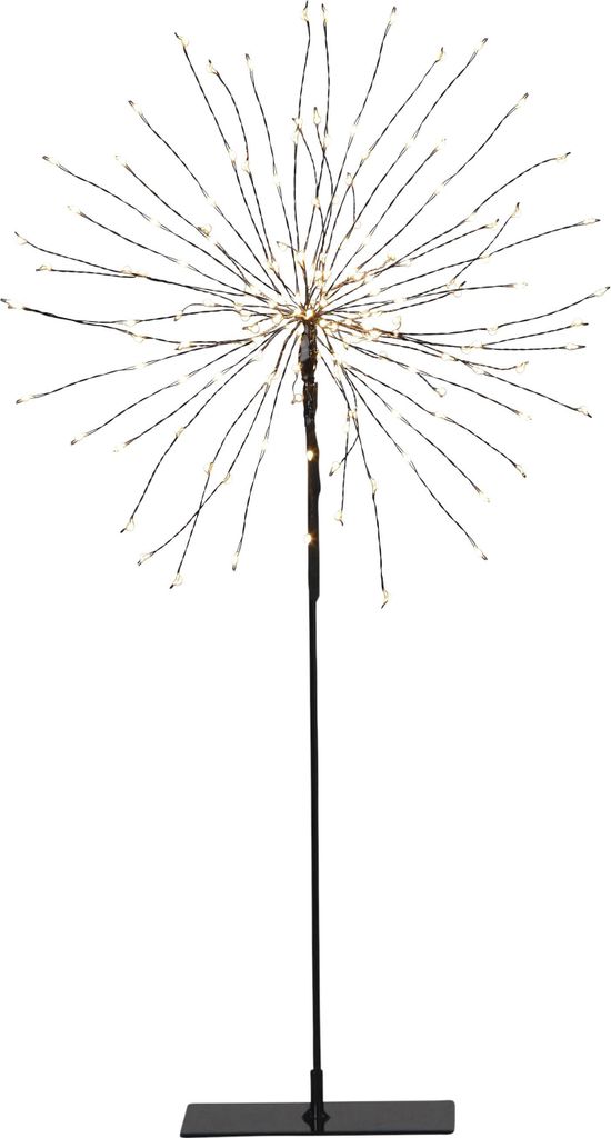 A black starburst-shaped LED light on a black stand against a white background.