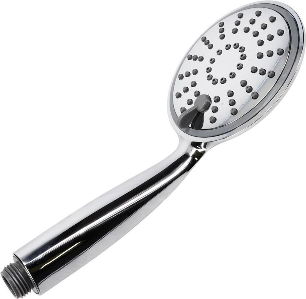 A chrome-finished shower head with a gray accent on a white background.