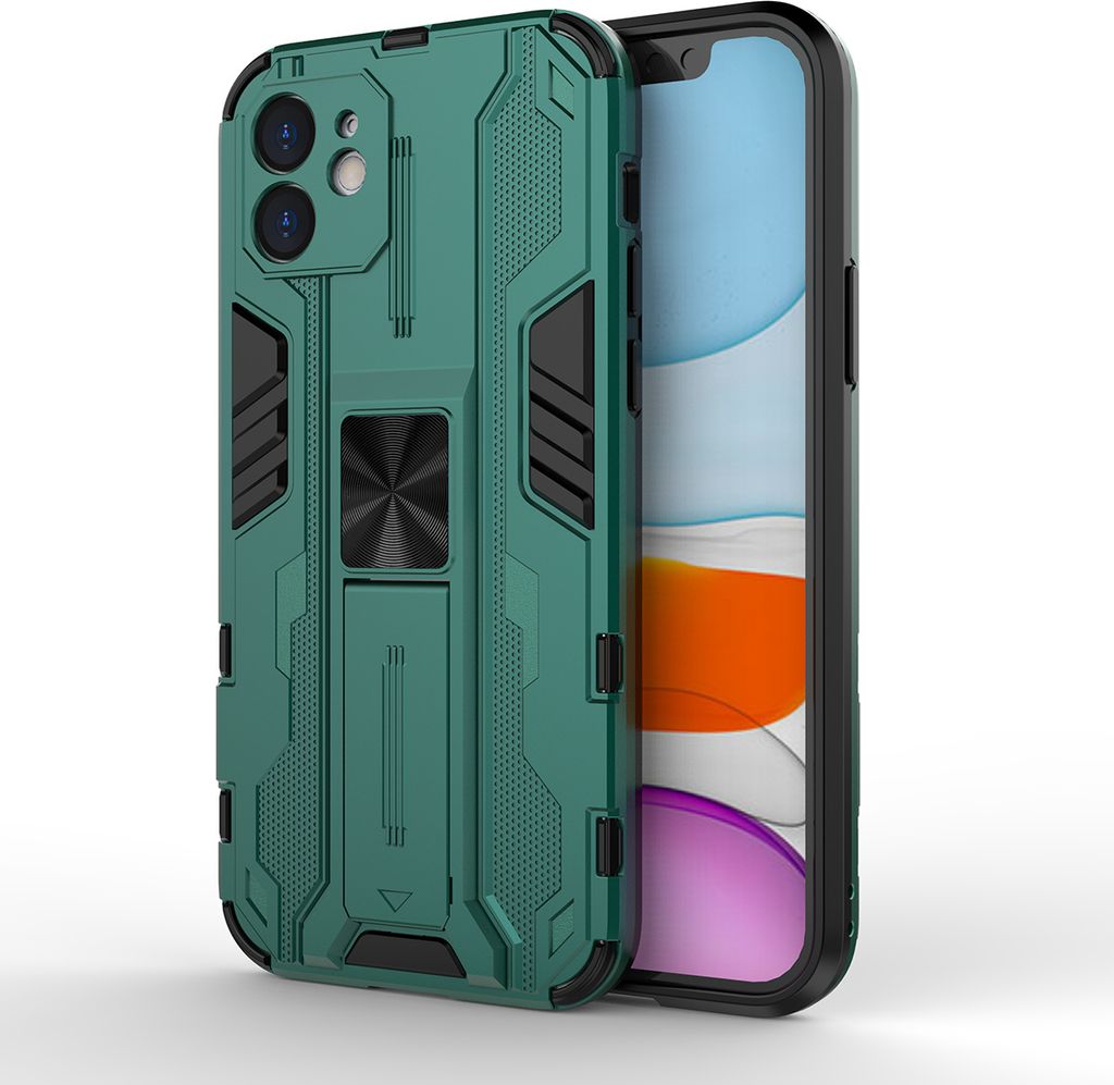 iPhone 12 Hülle, Dual Layer PC TPU Bumper Stoßfest Ständer Schutzhülle für iPhone 12 Grün