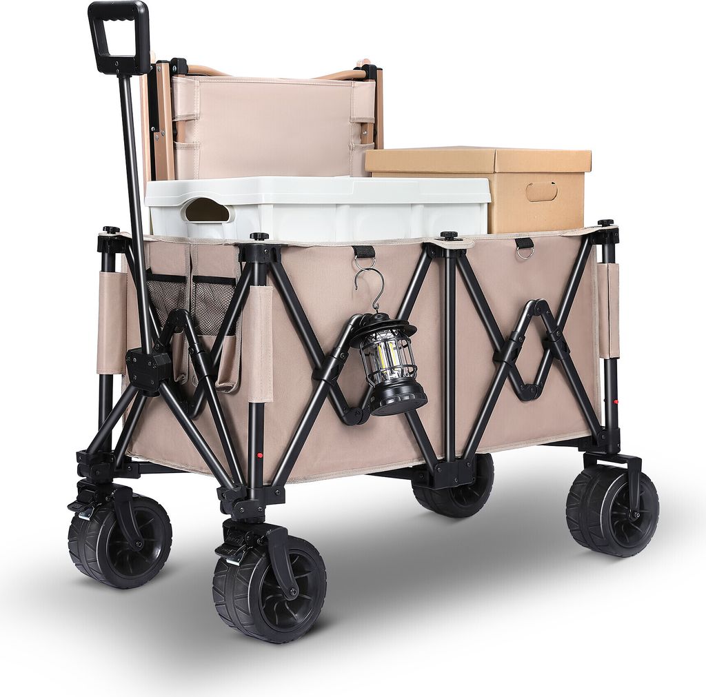 Bollerwagen Gartenwagen Faltbar mit Bremsen 150KG Transportwagen verstellbarem Griff Gartenkarre Gerätewagen Handwagen Geländereifen Strandwagen ...