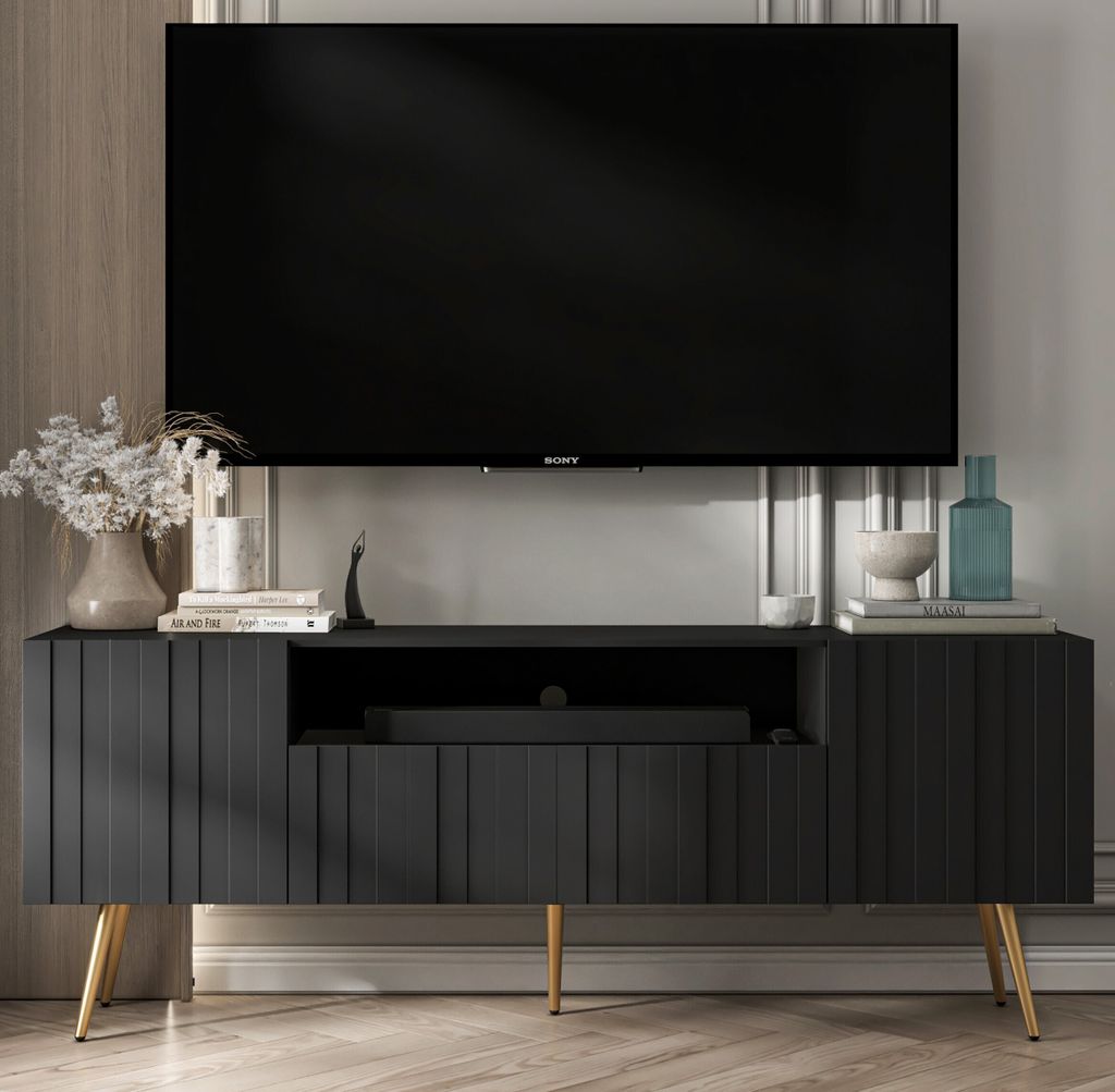 TV-Schrank Glamour RTV RTV-Schrank Elpis 2 - Modern - Lindner Möbel - 150cm x 60,5cm x 36,5cm, Farbe: Schwarz matt, Gold Metallbeine