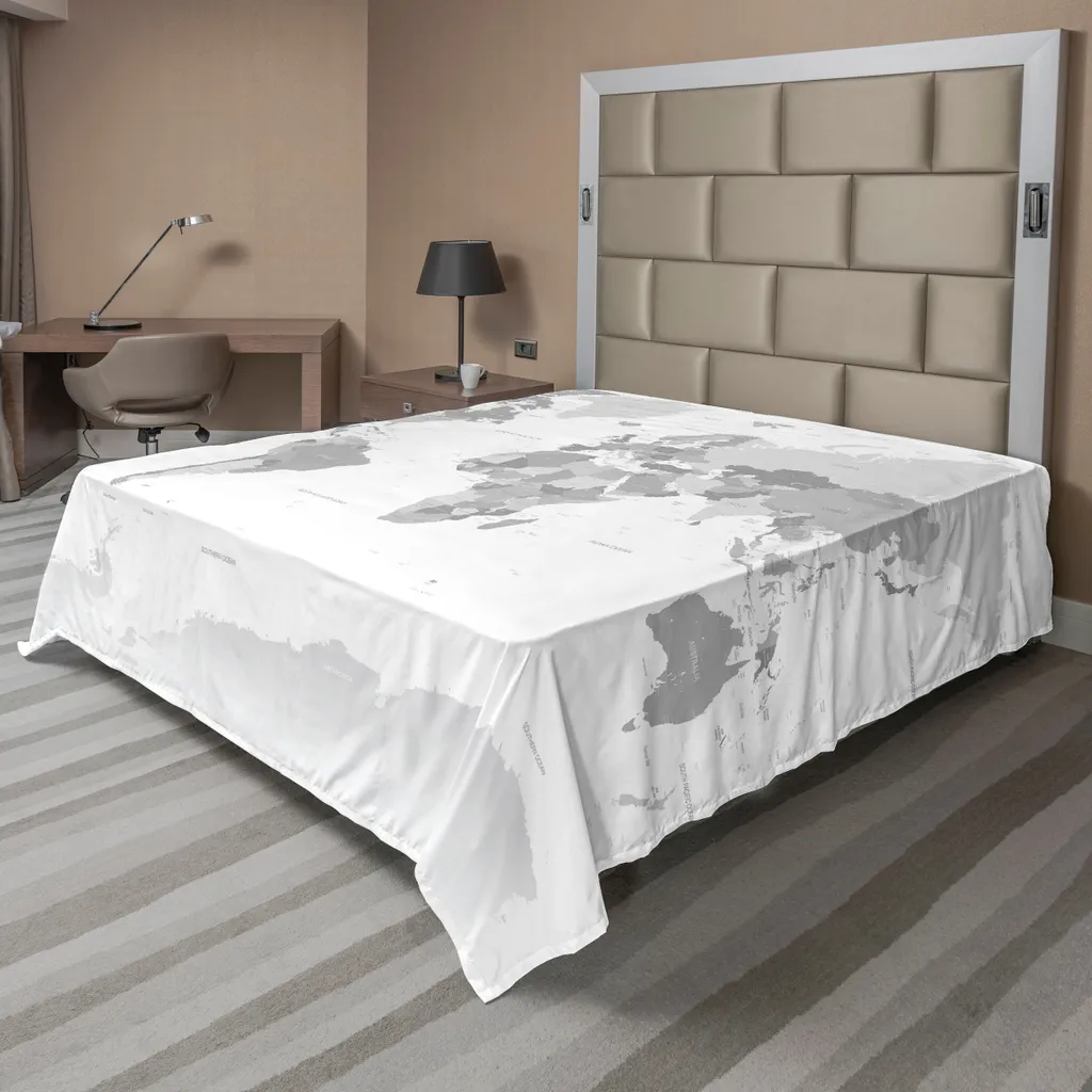 Drap plat anti-plis gris carte du monde, literie douce facile à repasser