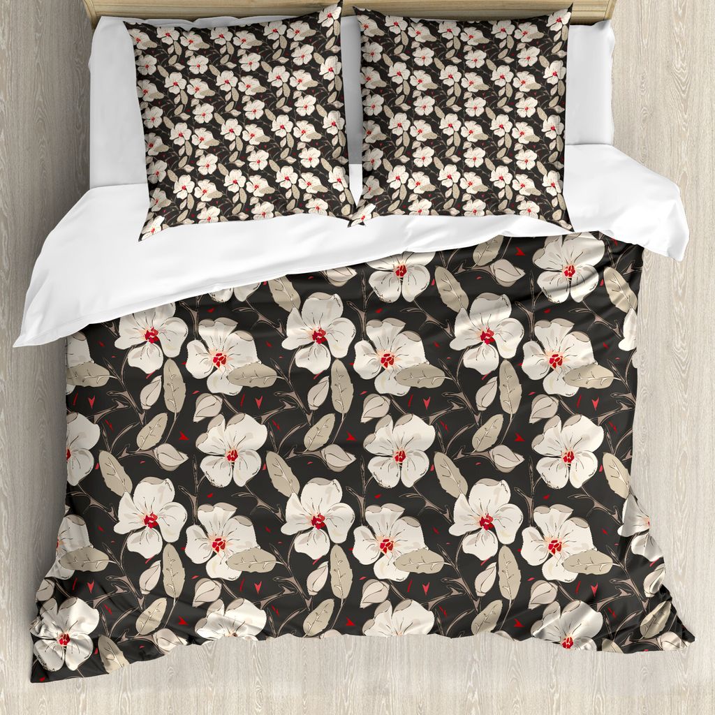 ABAKUHAUS Blumen Bettbezug, Mohnblu Natur, Milbensicher Allergiker geeignet mit Kissenbezügen, 155 cm x 220 cm - 80 x 80 cm, Tan Charcoal Grau Rot