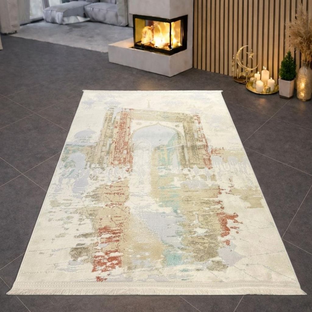 Moderner Gebetsteppich mit Moschee-Tor Motiv in hellen Naturfarben Größe - 80 x 120 cm