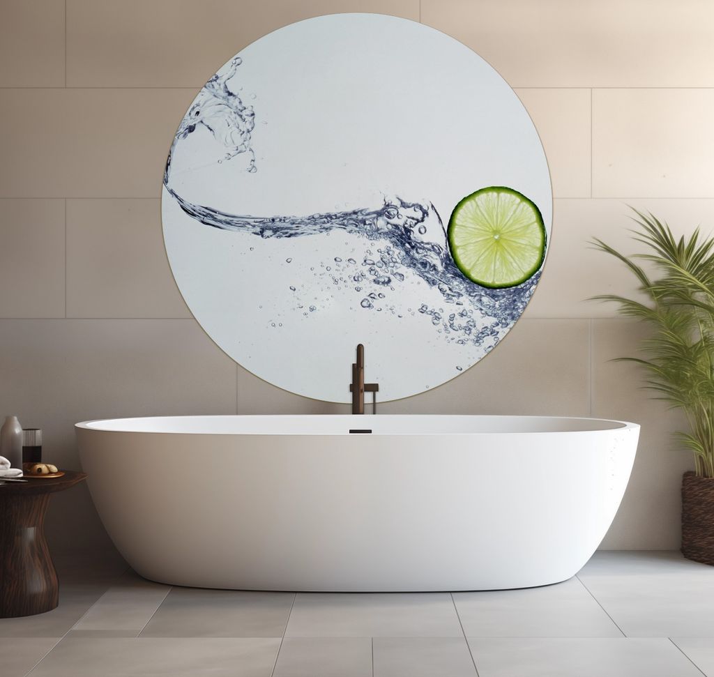 Wallario wasserfestes Poster selbstklebend 120 x 120 cm, Limettenscheibe in spritzigem Wasser, Badezimmerposter Spritzschutz mit Hochglanzoberfläc...