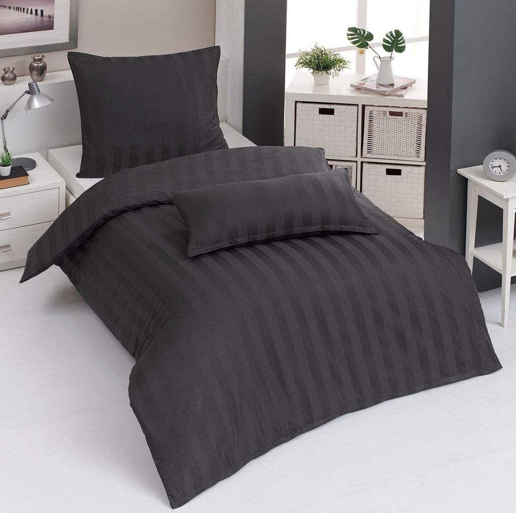 Traumschlaf Mako-Satin Bettwäsche Uni Streifen 4 cm 200x200 cm + 2x 80x80 cm anthrazit