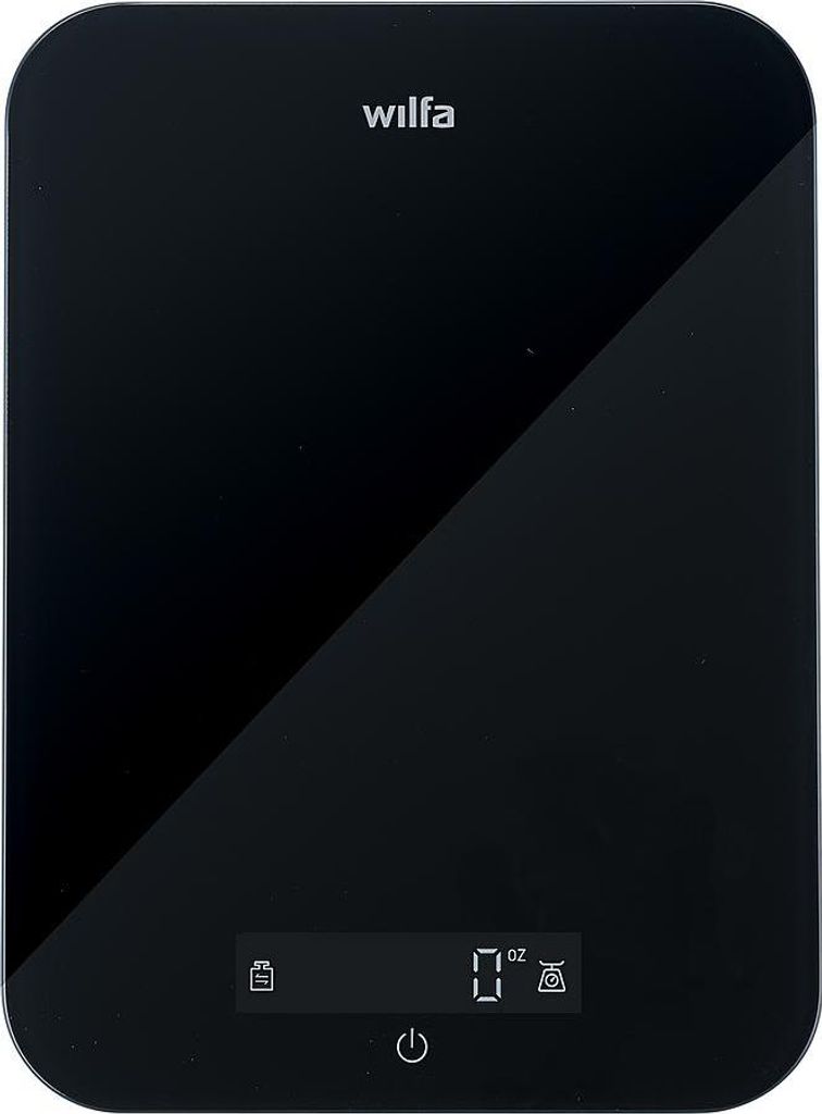 A black digital kitchen scale with a reflective surface.
