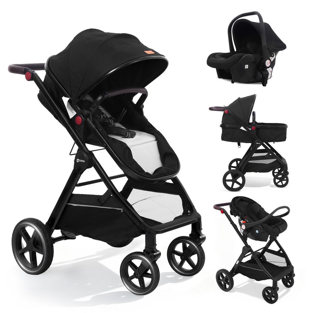 Sekey Kinderwagen 3 in 1 Kombi-Kinderwagen Komplettset, Auto Babyschale ab Geburt, 0–4 Jahre Buggy mit Moskitonetz und Regenschutz, Schwarz