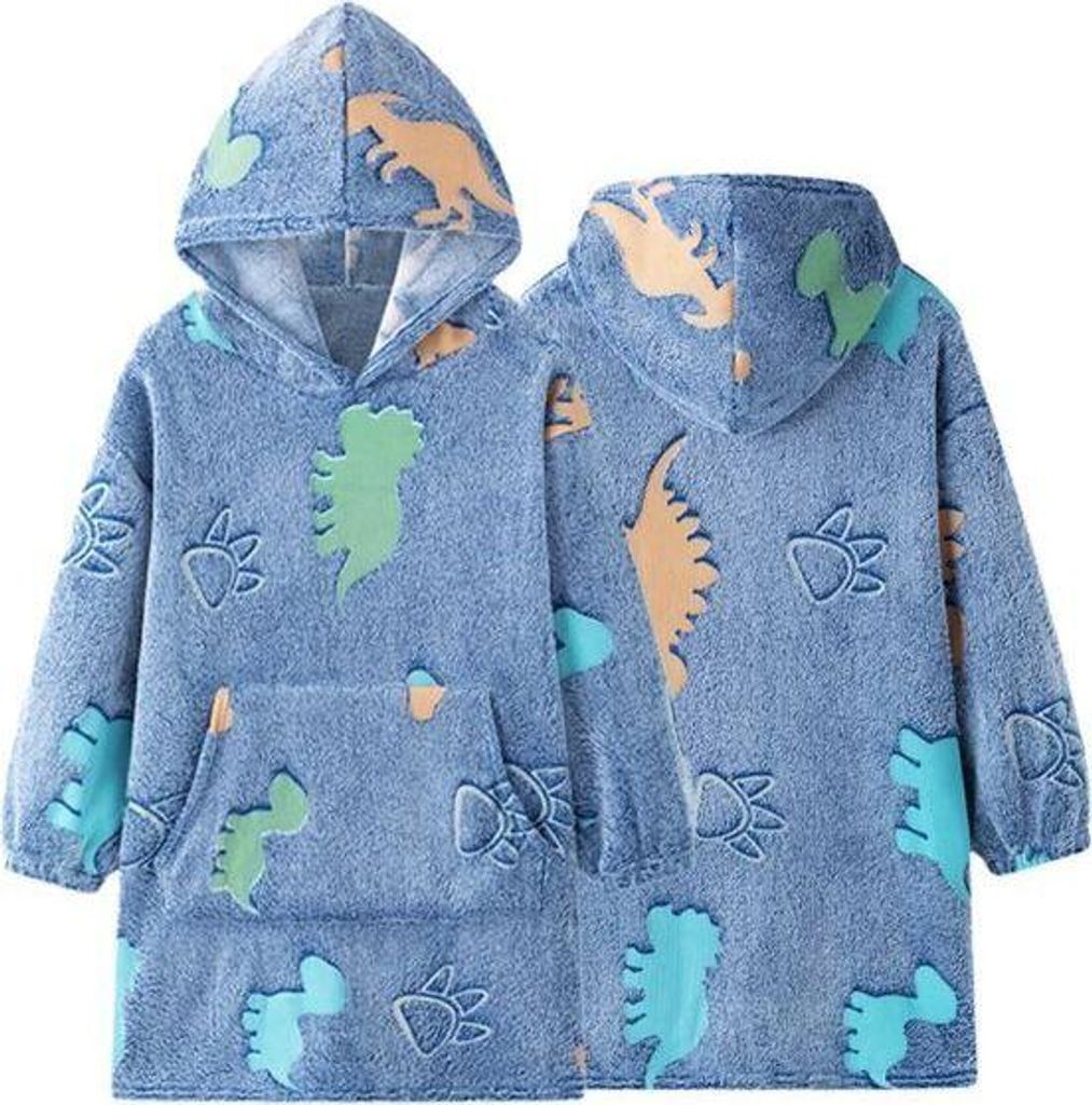 Blauer übergroßer Kapuzen-Bademantel-Decke mit Vordertasche und bunten Dinosaurier- und Pfotenabdruck-Mustern