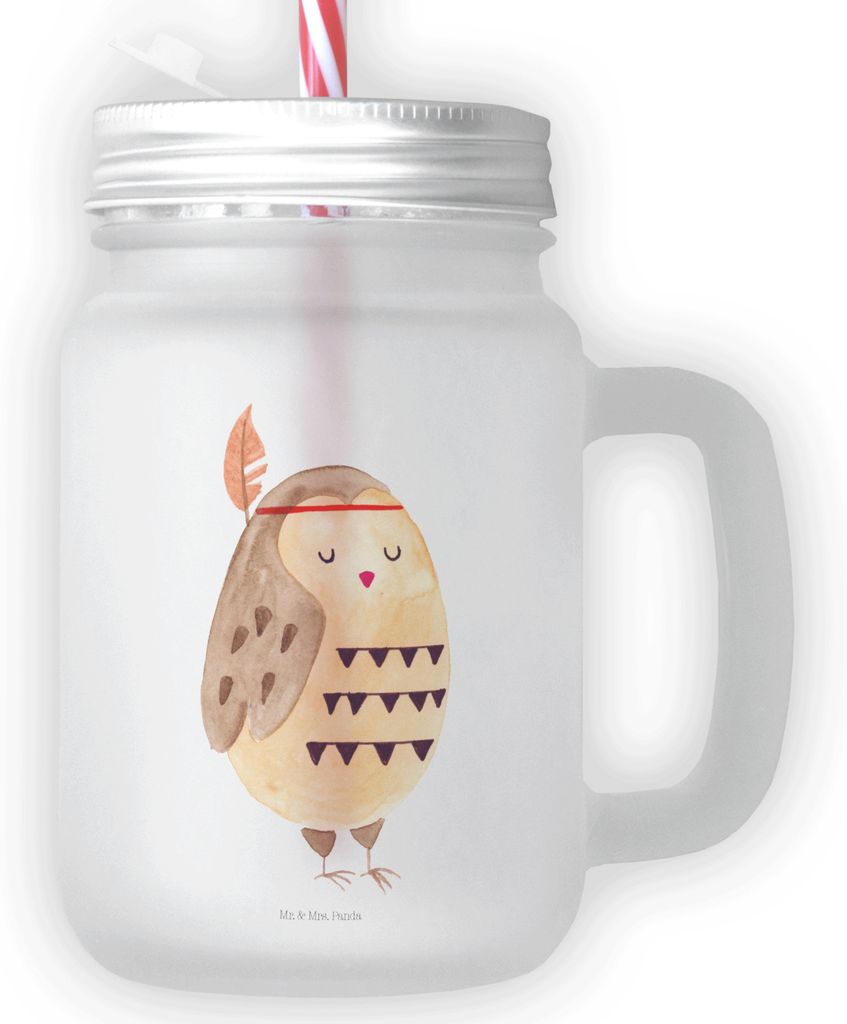 Mr. & Mrs. Panda Glas Mit Henkel Eule Federschmuck - Transparent - Geschenk, Strohhalm, Dekoration, Schraubverschluss, Cocktailglas, Trinkglas Deck...