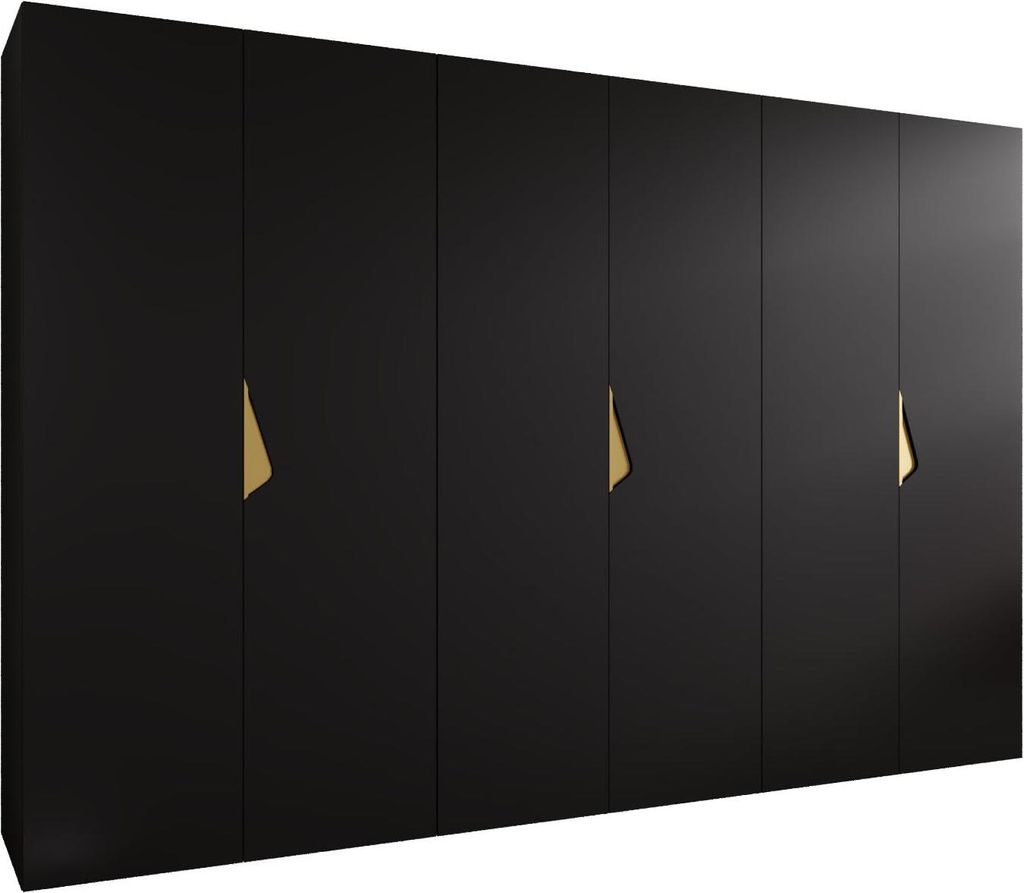 MEBLE KRYSPOL Schrank 300x202x52 cm mit Kleiderstange, 6xTür, SANDI, Schwarz, Griff Gold