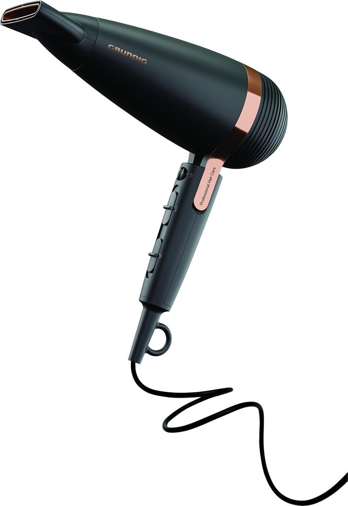 A black hairdryer with rose gold accents is shown against a white background.