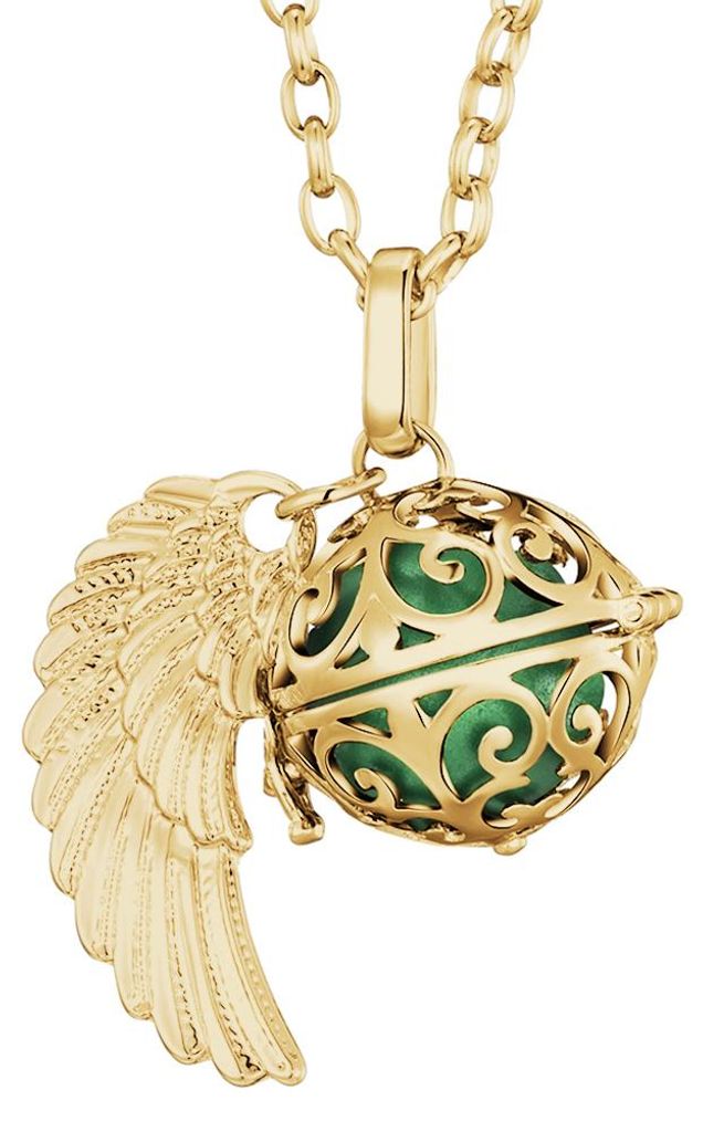 Morella Damen Halskette gold Edelstahl 70 cm mit goldenem Anhänger Engelsflügel und Klangkugel grün Ø 16 mm in Schmuckbeutel