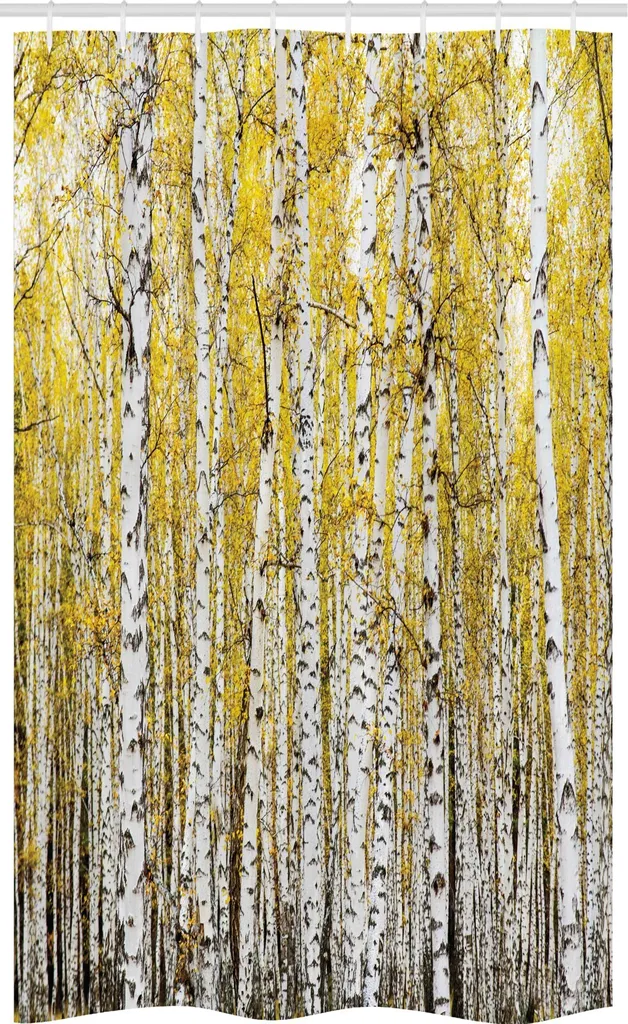 ABAKUHAUS Tenda da doccia stretta autunnale, Foglie dorate del bosco, Set decorativo per bagno in tessuto con ganci, 120 x 180 cm, giallo e grigio