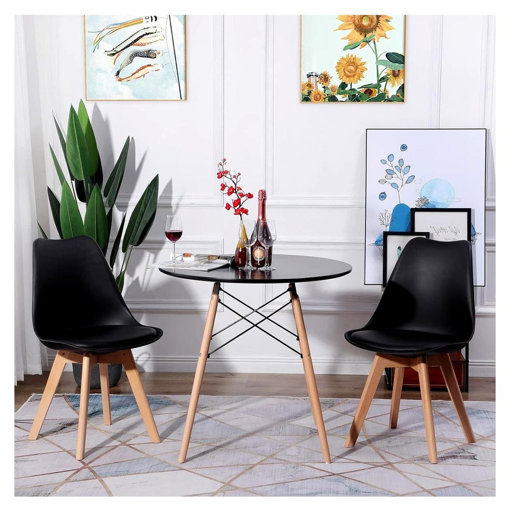 Runder Esstisch mit 2 Stühlen, Essgruppe für 2 Personen, Set mit Tisch und Stühlen für Wohnzimmer, Küche und Büro (Schwarzer Tisch + 2 schwar...