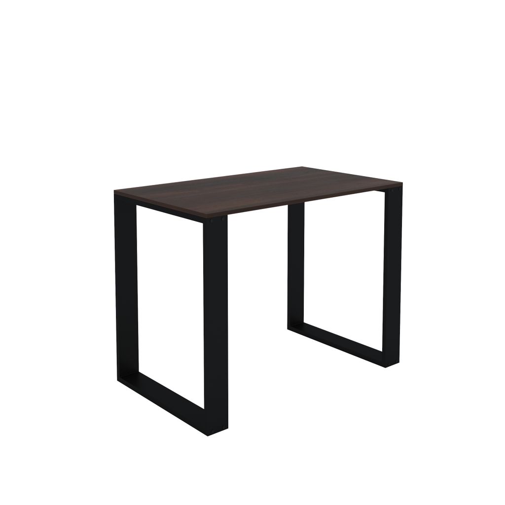A product shot of a table with a walnut-colored top and black legs, isolated on a white background.