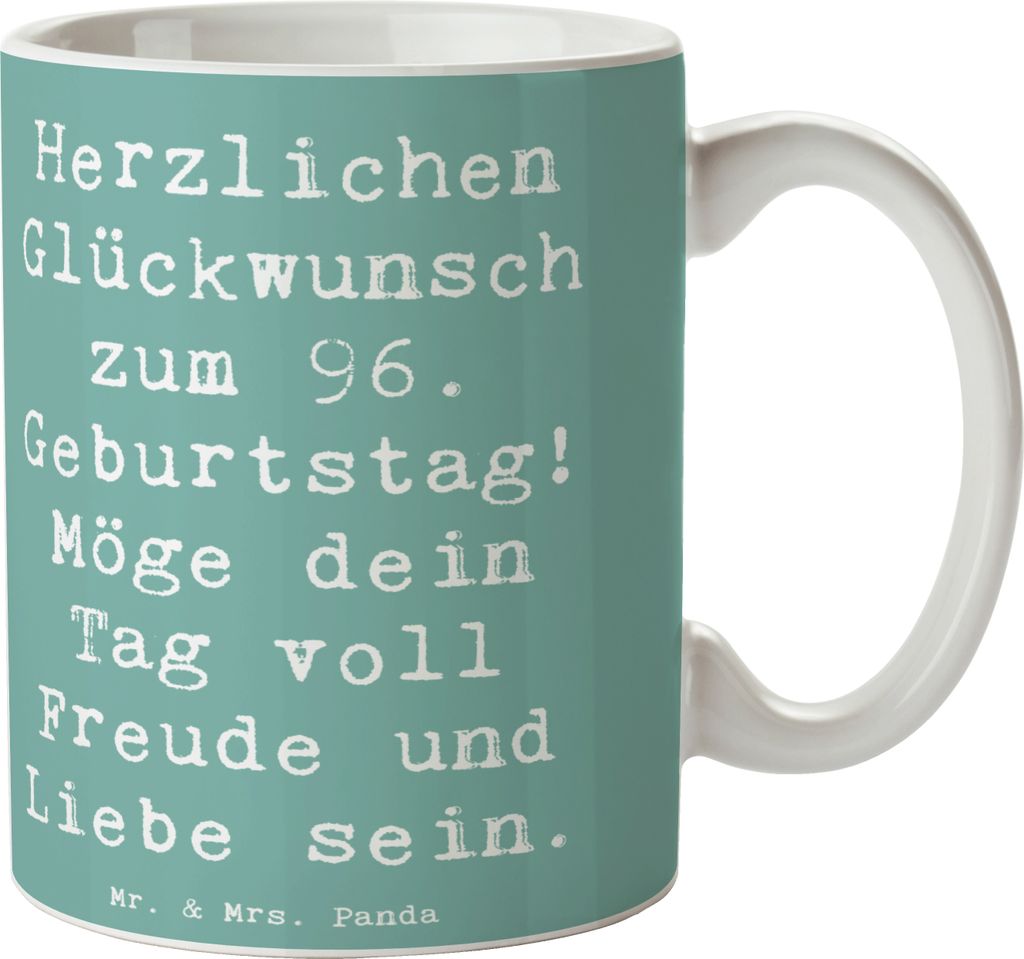 Mr. & Mrs. Panda Tasse Spruch 96. Geburtstag Freude - Meeresbrise - Geschenk, großer, Kaffeebecher, Kaffeetasse, Geburtstagssprüche, Keramiktasse...