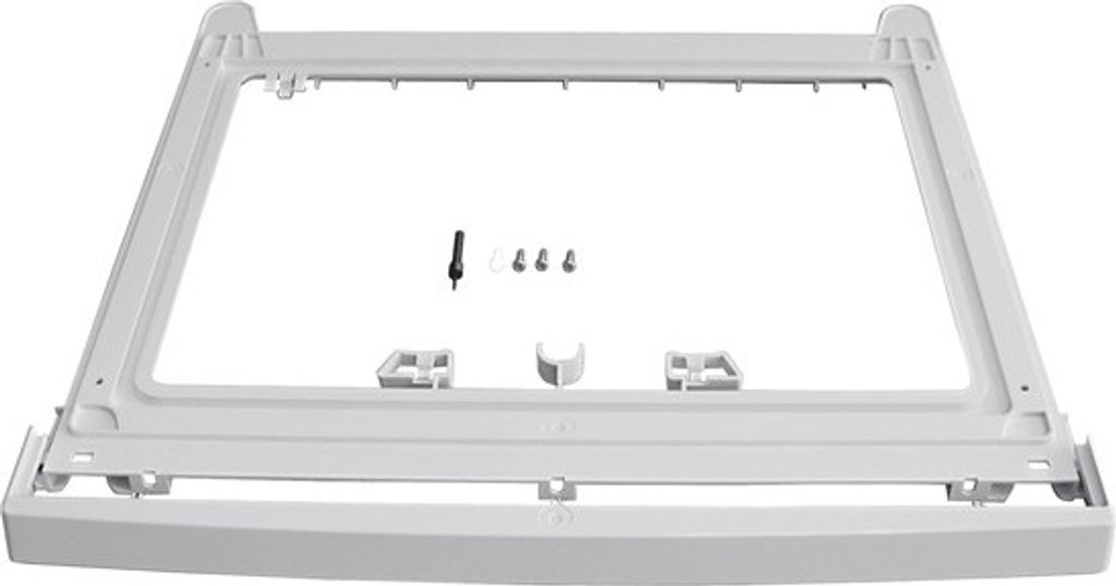 A white plastic frame for an appliance, possibly a washing machine or dryer, is shown against a white background. It includes a few small screws.