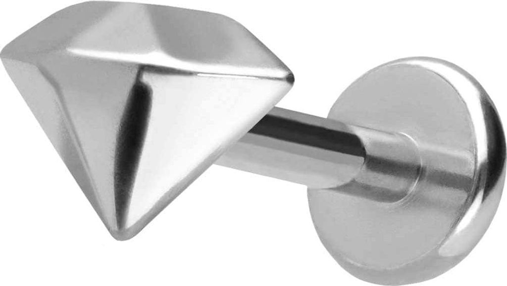 Ohrpiercing, Nasenpiercing Titan Labret mit Push Fit DIAMANT Silber Stablänge: 9mm | Stabstärke: 1,2mm