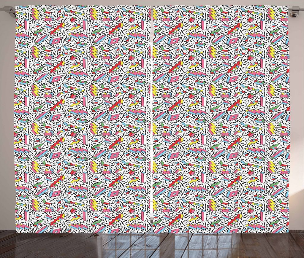 ABAKUHAUS irre Rustikaler Gardine, Memphis 90er 3D-Formen, Schlafzimmer Kräuselband Vorhang mit Schlaufen und Haken, 280 x 225 cm, Mehrfarbig