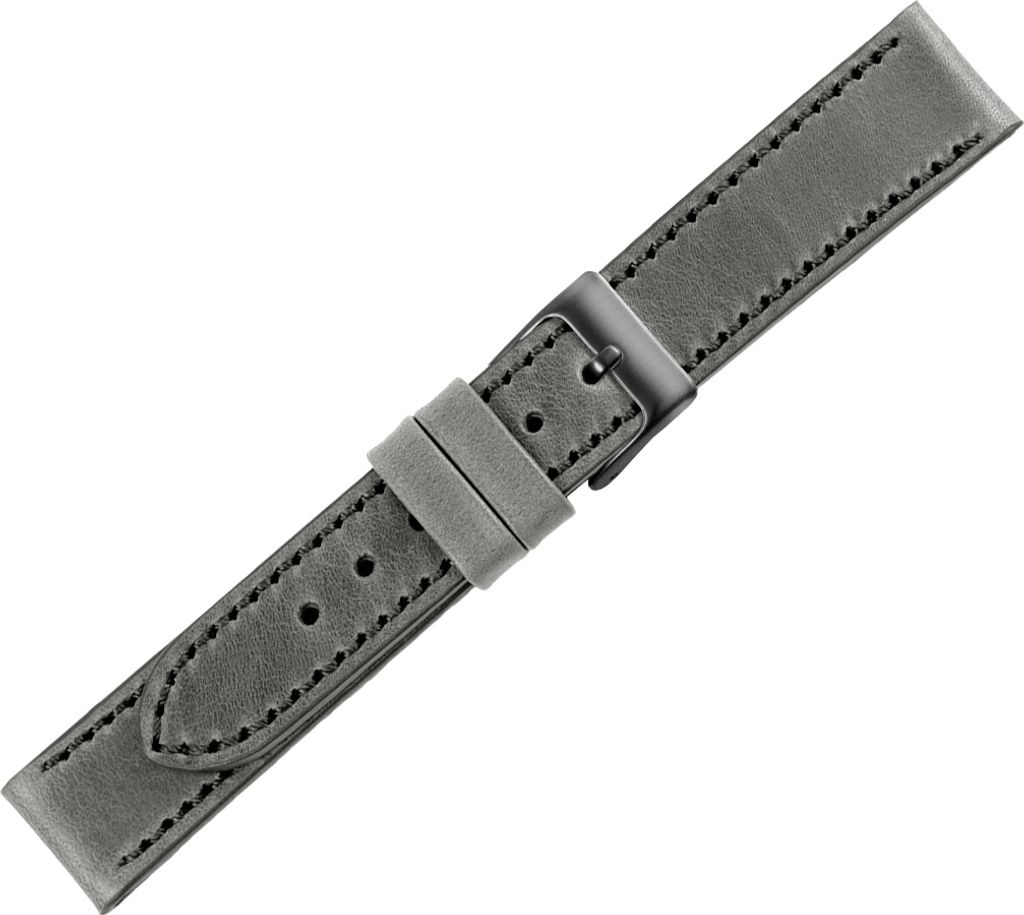 Minott Uhrenarmband Kalbsleder flach grau versiegelte Kante Used Look, Stegbreite:22mm, Schließe:Schwarz