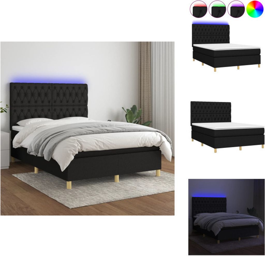vidaXL Boxspringbett mit Matratze & LED Schwarz 140x200 cm Stoff - Betten & Bettgestelle