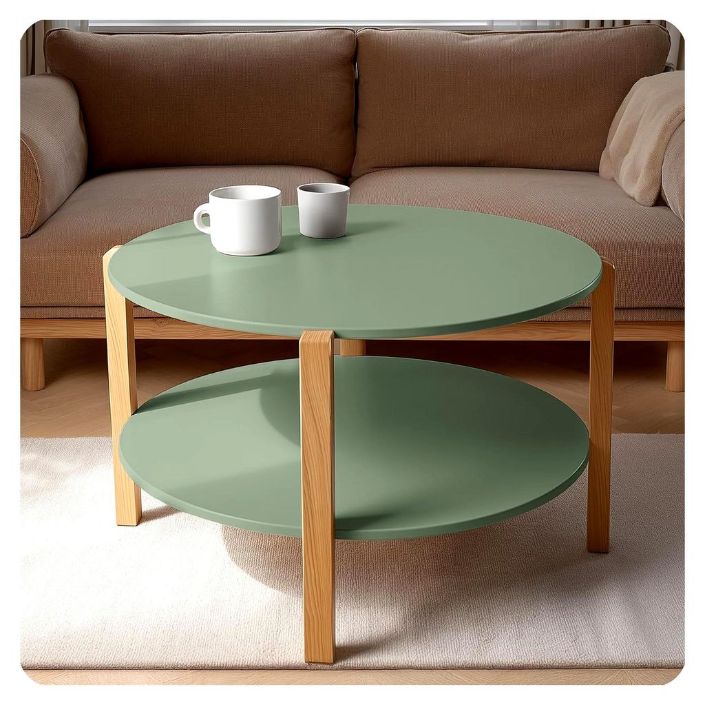 Runder Couchtisch in Hellgrün, MDF-Platten, mit Buchenholzbeinen, zeitloses Design für das Wohnzimmer