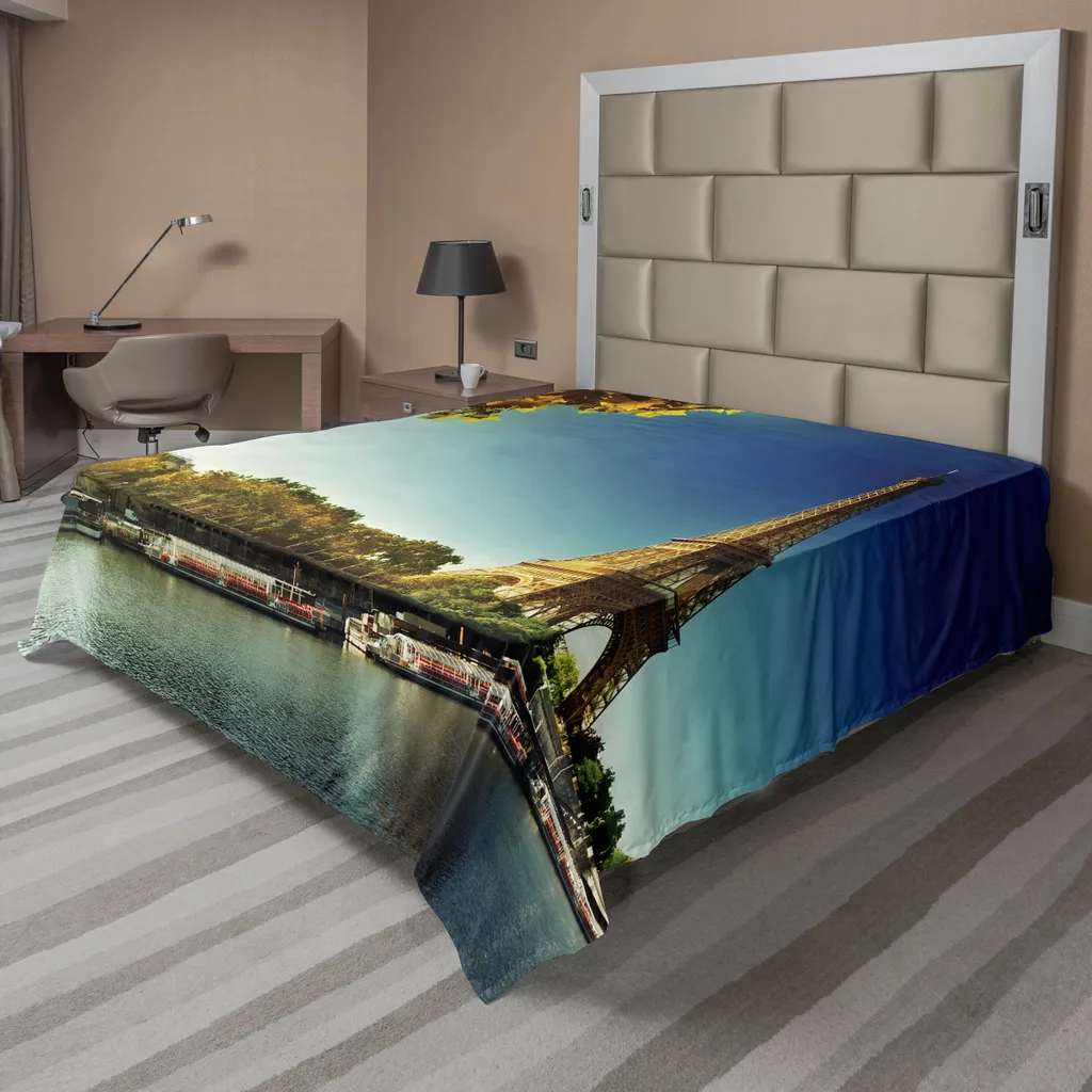 ABAKUHAUS Lenzuolo Torre Eiffel, Senna a Parigi con Torre Eiffel, foglie autunnali e paesaggio fluviale stampato, lenzuolo morbido e confortevole per un letto decorativo, 1 pezzo, 275 cm x 260 cm, terra, giallo, verde, blu - 1