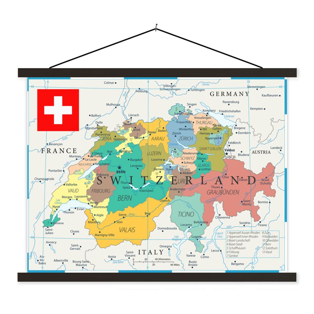 MuchoWow Textilposter Bunte Landkarte der Schweiz 150x113 cm mit schwarzem Rahmen - Wohnzimmer
