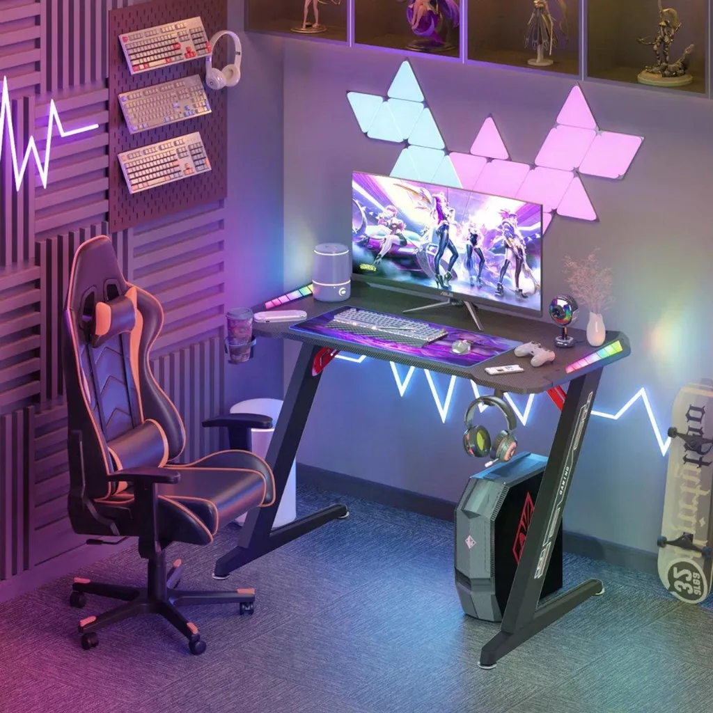 Bureau gamer 140cm Nevio Valora LED RGB - Structure Métal Noir Robuste - 3